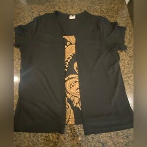 JKLA size L, black top w/ gold & black classic pattern print attached blouse!